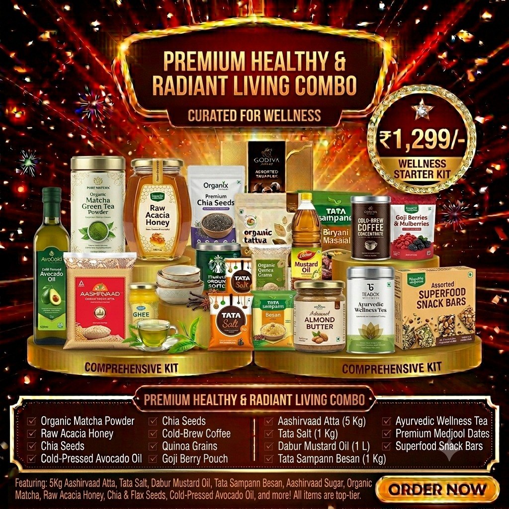 Premium Healthy & Radiant Living Wellness Combo Kit | Organic Superfoods, Honey, Tea, Chia Seeds & Essential Grocery Pack